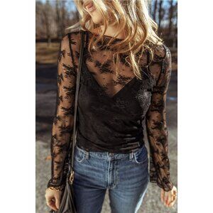 Black Floral Sheer Long Sleeve Top